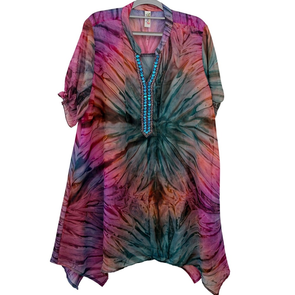 India Boutique Tie Dye Beaded‎ Kaftan Tunic Top Free Size Multicolor Boho